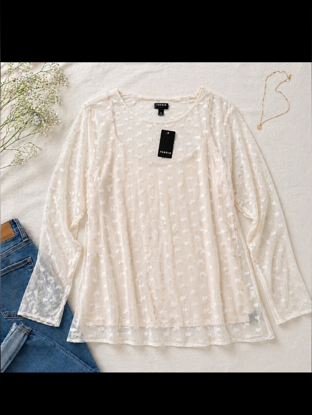 Torrid Sheer Mesh Heart Swiss Dot Blouse Plus Size 4 Cream Romantic Top 2025 NEW